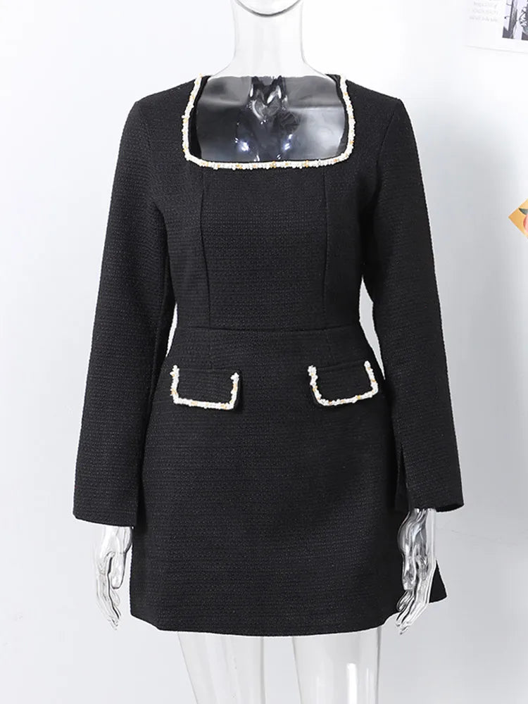 Elegant Tweed Short Party Dress Women Long Sleeve Square Collar Fake Pocket Evening Dresses  Autumn Shiny Slim A-line Robes