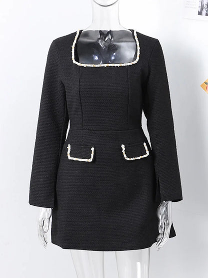 Elegant Tweed Short Party Dress Women Long Sleeve Square Collar Fake Pocket Evening Dresses  Autumn Shiny Slim A-line Robes