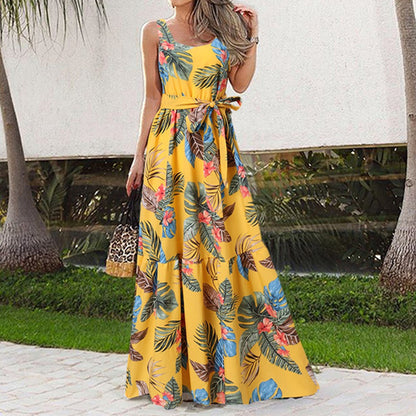 Summer Flower Print Sleeveless Long Dresses Women Elegant Casual Vacation Style Dress O Neck High Waist Leace-up Maxi Vestidos