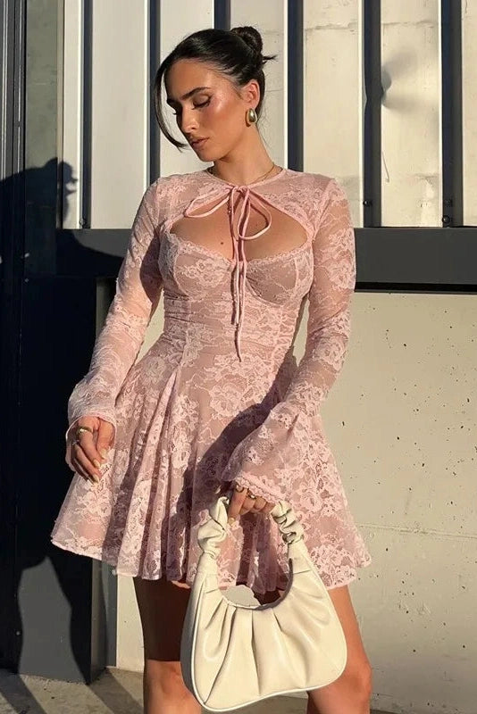 Elegant Lace Up Mini Dress with Long Sleeves and Slim Pleated Design