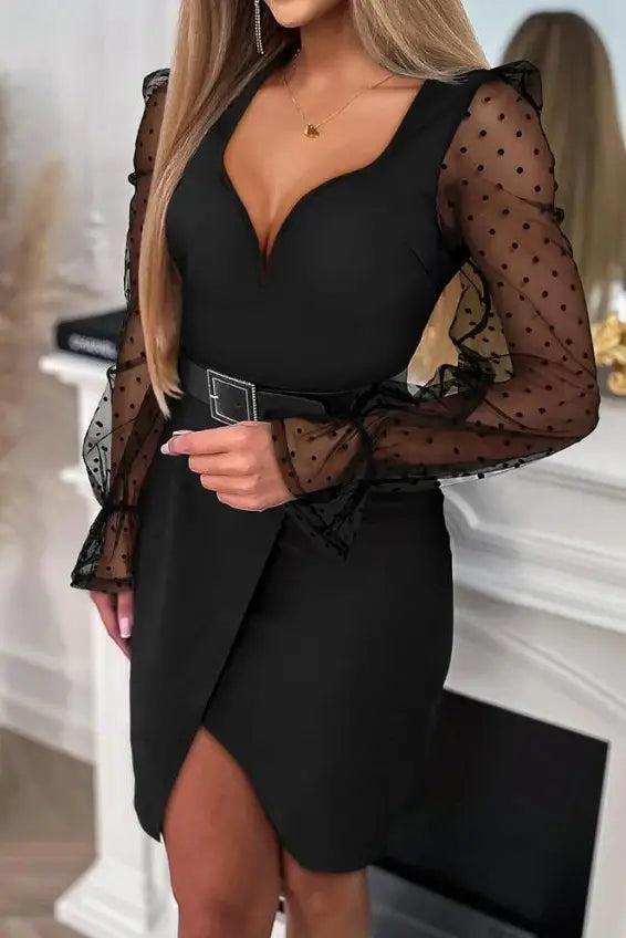 Mesh Patch Wrap Mini Dress