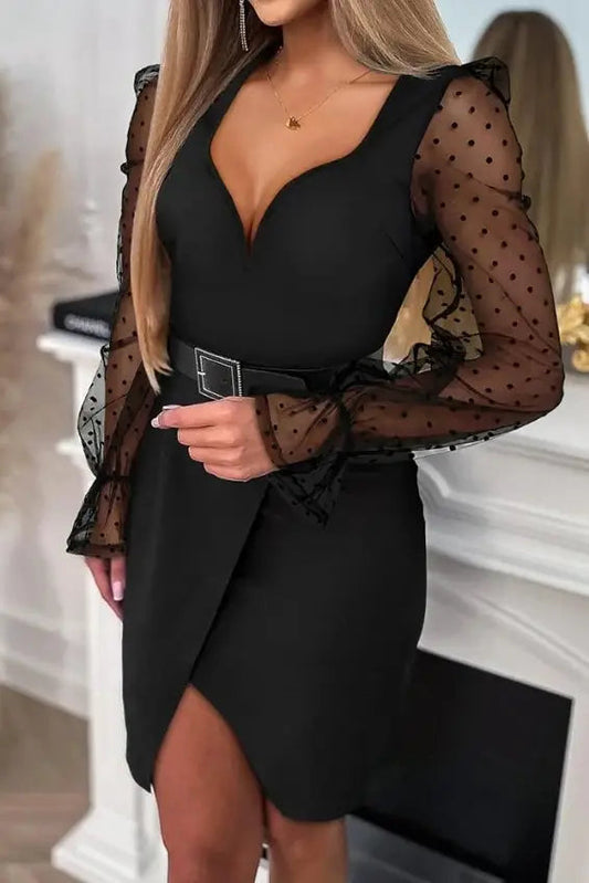 Mesh Patch Wrap Mini Dress