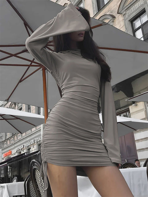 White Sexy Hoodie Mini Dress Women’s Pleated Slim Long Sleeve Drawstring High Waist Party Dress Female Solid Autumn Dress