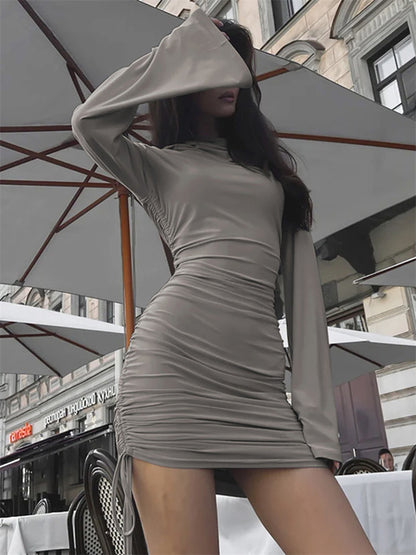 White Sexy Hoodie Mini Dress Women’s Pleated Slim Long Sleeve Drawstring High Waist Party Dress Female Solid Autumn Dress