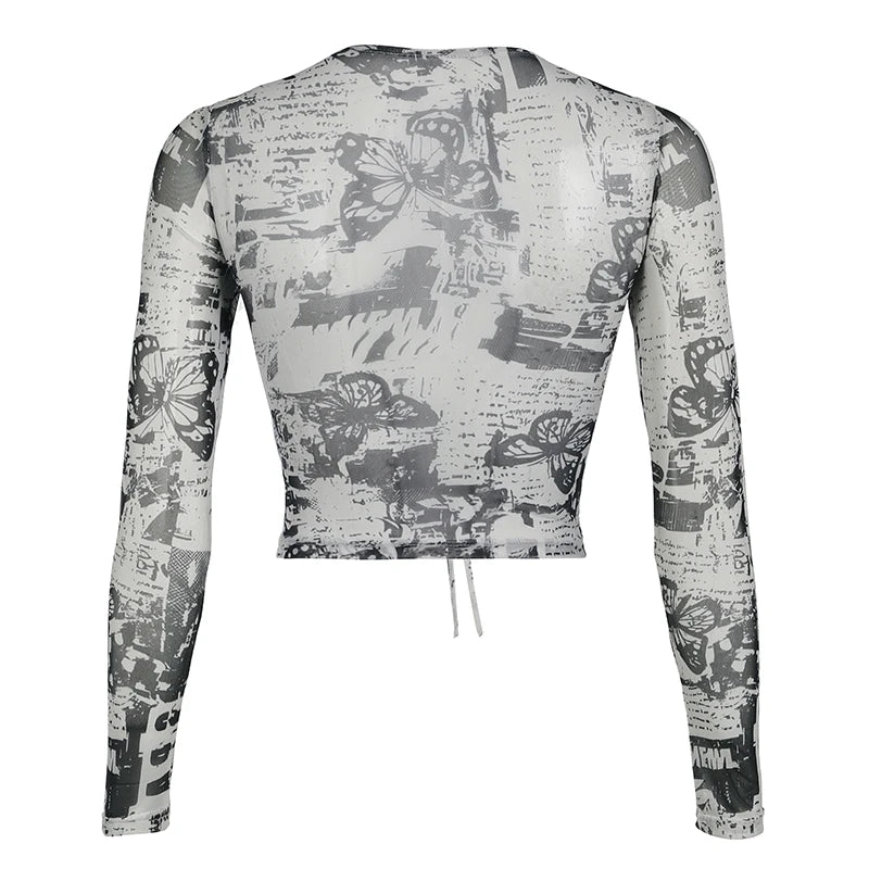 Grunge Mesh Butterfly Print Crop Top Fashion See Through Long Sleeve Hollow Out T-shirt Stylish Y2K Street Outfits