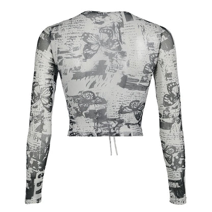 Grunge Mesh Butterfly Print Crop Top Fashion See Through Long Sleeve Hollow Out T-shirt Stylish Y2K Street Outfits