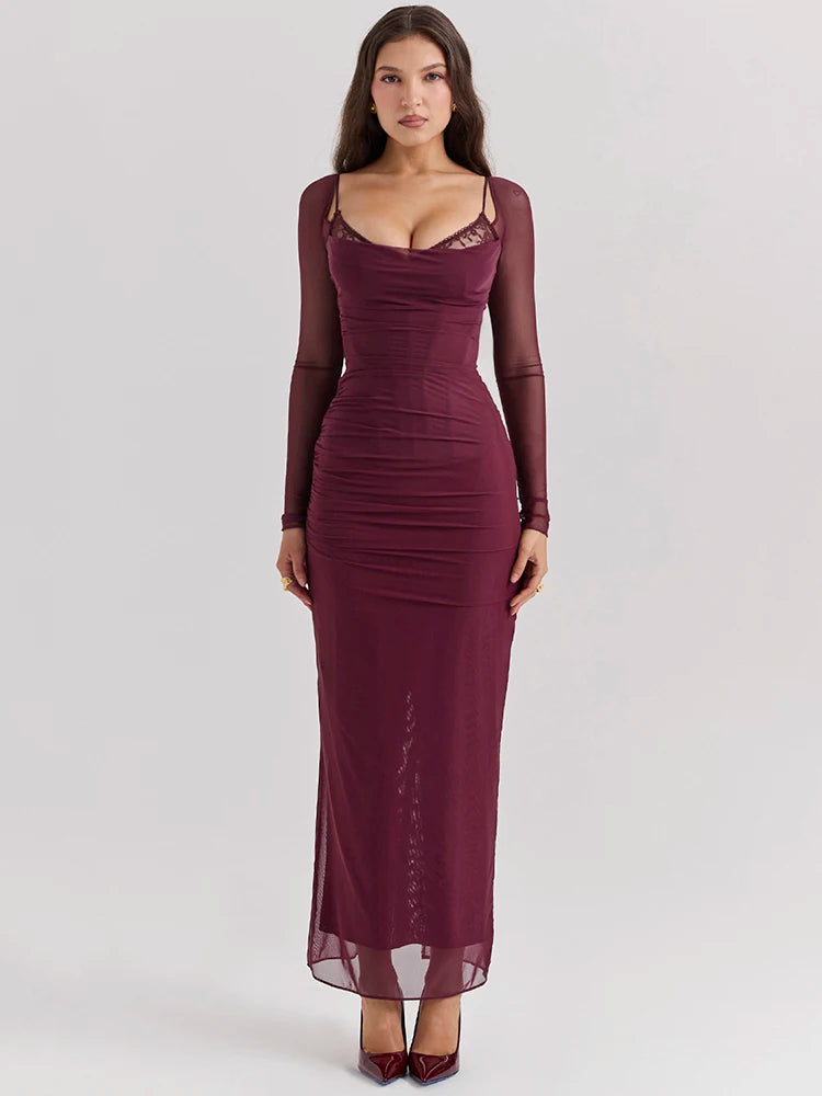 Elegant Sheer Long Sleeve Sexy Maxi Dress For Women Fashion Mesh Strapless Backless Club Party Sexy Long Dress