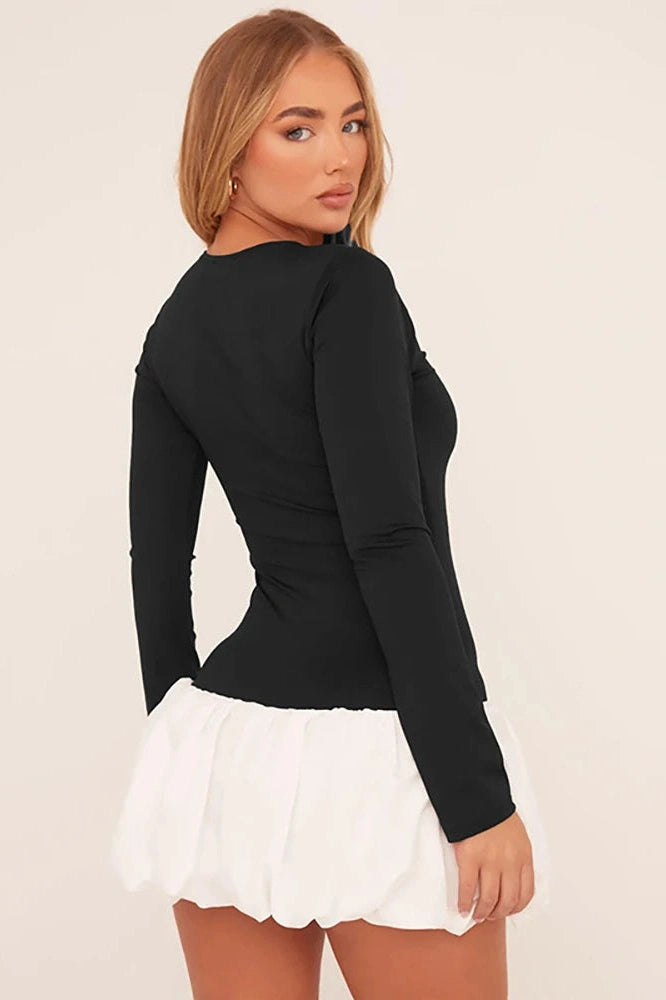 Patchwork Mini Dress with Long Slee-Sleeve and High Waist