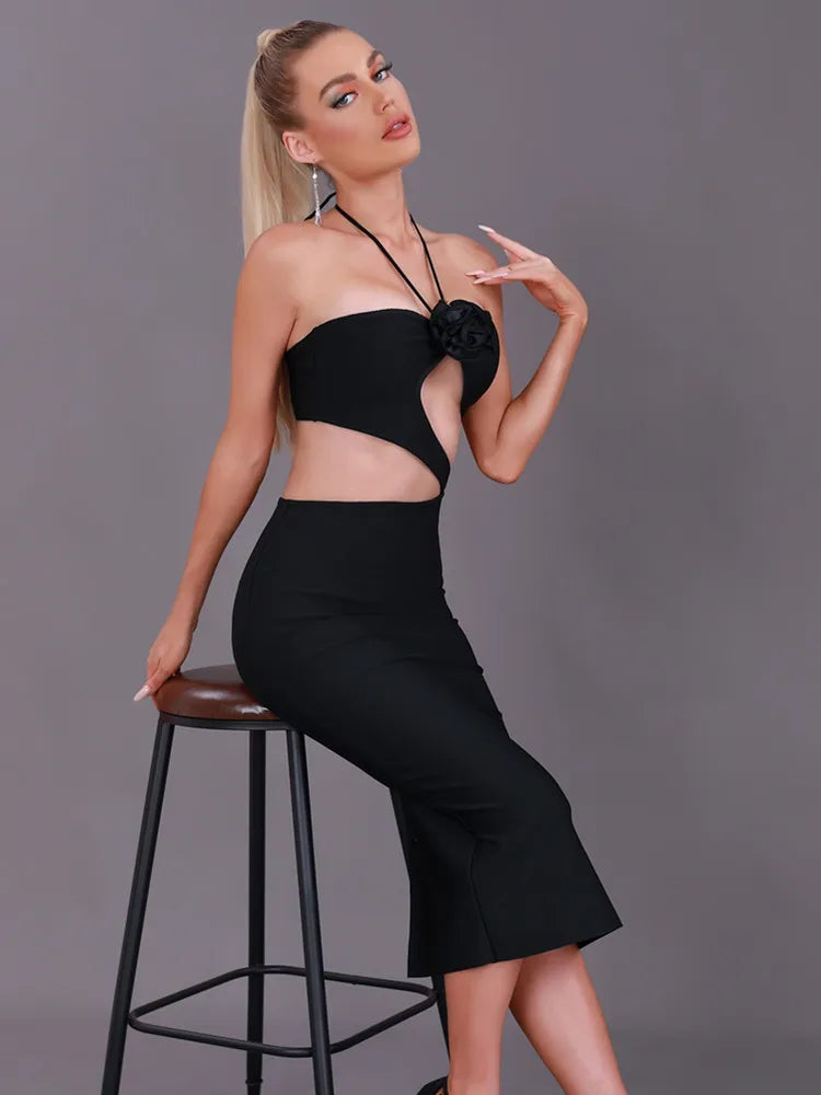 Eudora Bandage Halter Dress with Cut Out Flower Detail
