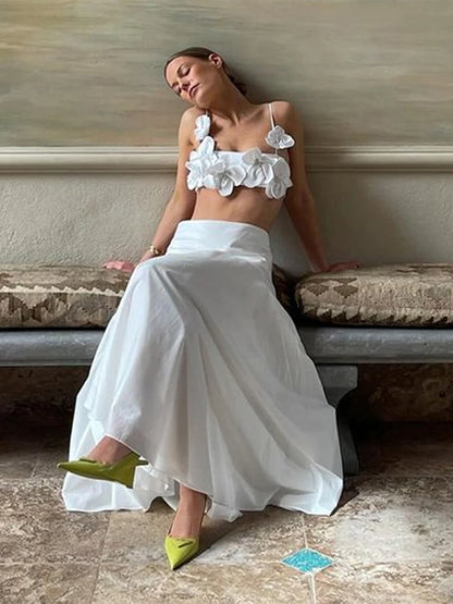 Fashion 3D Floral Strap Cropped Tops For Women  Summer New Sexy Sleeveless Solid Flower Short Tops Lady Chic Beachwear
