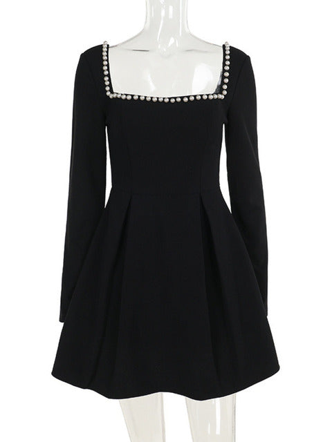 Pearl Square Collar Long Sleeve Mini Dress For Women Robe Backless A-line Dress Ladies Autumn Fall Elegant Dresses