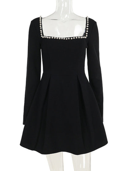 Pearl Square Collar Long Sleeve Mini Dress For Women Robe Backless A-line Dress Ladies Autumn Fall Elegant Dresses