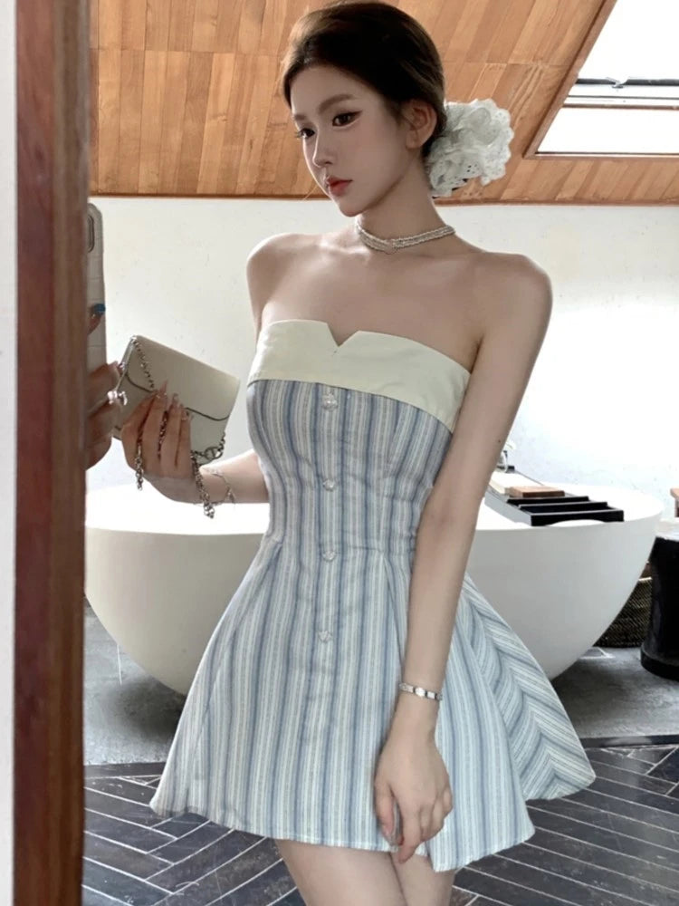 Elegant Y2K Strapless Mini Dresses for Women Bow Patchwork A-line Birthday Party Dress Korean Fashion Prom Short Vestidos Mujer