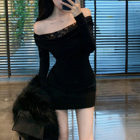 y2k Dress Women Sexy Clothes Lace Patchwork Slash Neck Off Shoulder Long Sleeve Bodycon Dresses Evening Party Dresses
