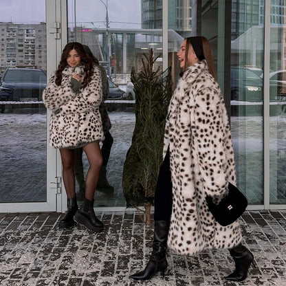 Luxury Maxi Long Leopard Belted Faux Fur Coat Women Winter  Brand Fashion Mob Wife Vibe Fox Fur Jacket Overcoat