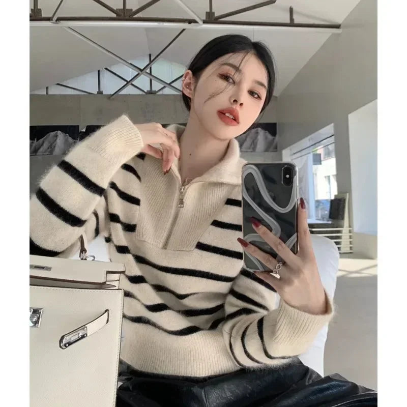Women’s Autumn Winter New Fashion Retro Lapel Half Zipper Contrasting Stripes Sweater Casual Long Sleeved Loose Knitted Coat