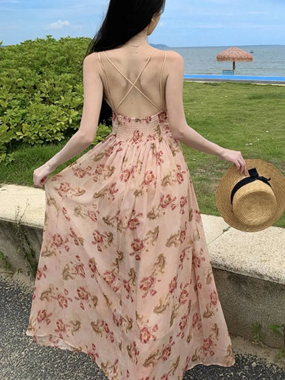 Summer New Spaghetti Strap Floral Long Dresses for Women Backless A-line Beach Style Korean Fashion Party Dress Casual Vestidos