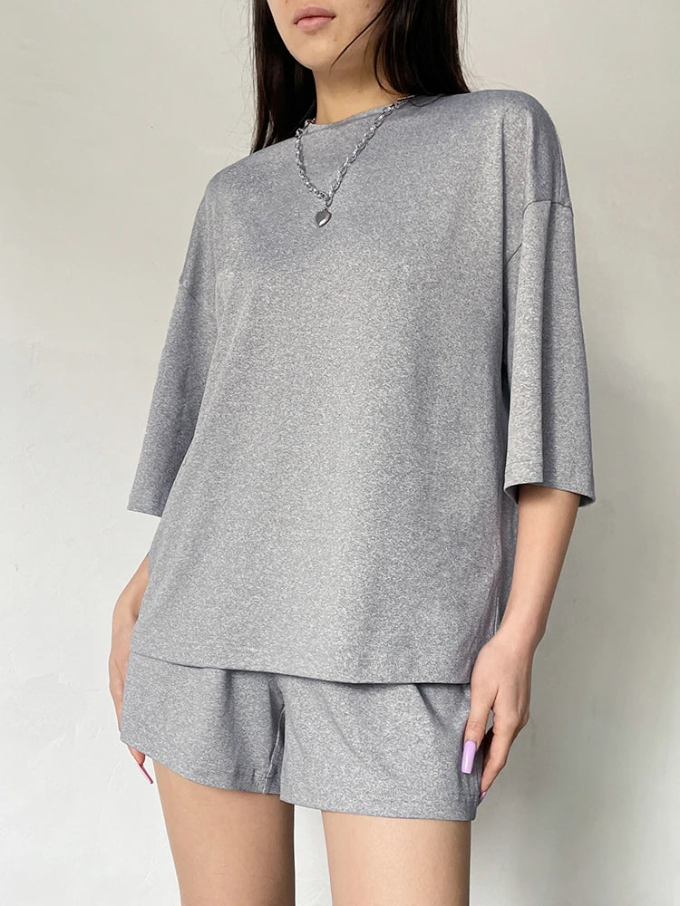 Gray Solid O Neck Loose Basic Casual Half Sleeve T Shirt And Shorts 2 Pieces Sets Women Leisure Homewear