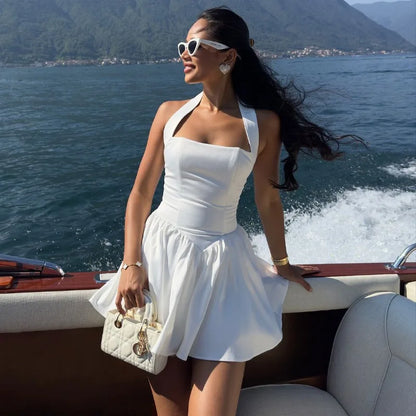 White Halter Dress For Women’s Elegant Sleeveless Bodycon Short Dresses A-Line Patchwork Beach Holiday Dresses Vestido