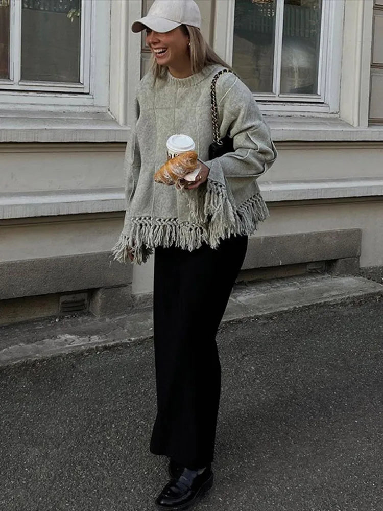 Vintage Solid Pleated Tassel Sweaters Women Casual Loose Knitted Pullover Sweater Female Autumn Chic Elegant High Street Tops