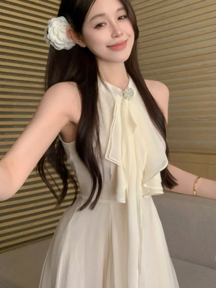 Elegant Halter Ruffles Short Dresses for Women Diamond Sleeveless A-line Sexy Evening Party Dress Prom Korean Chic Vestido Mujer