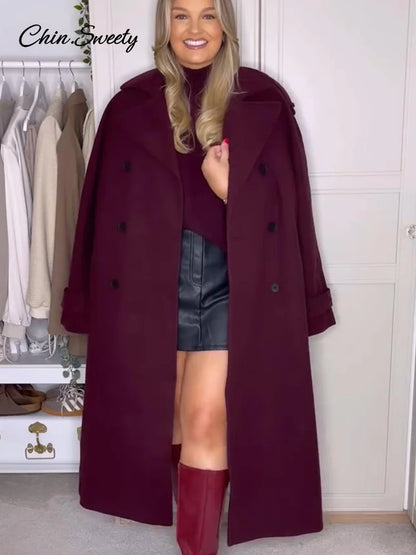 Fashion Burgundy Red Double Breasted Overcoat Women Lace Up Loose Lapel Pockets Long Sleeve Coat  New High Street Outerwear
