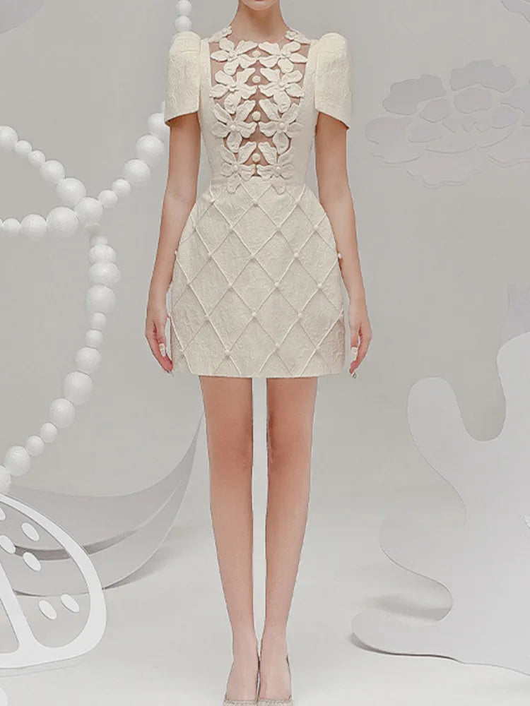 Elegant Short Dress European Style 3D Floral O Neck Hollow Nail Bead Fashion Tide Dresses For Women 2025 Spring Summer 1346