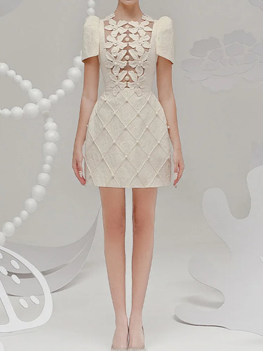 Elegant Short Dress European Style 3D Floral O Neck Hollow Nail Bead Fashion Tide Dresses For Women 2025 Spring Summer 1346