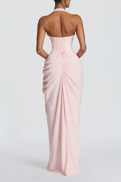 Minette Halter Back Lace-up Asymmetrical Pleats Slit Maxi Dress