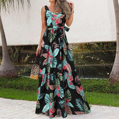 Summer Flower Print Sleeveless Long Dresses Women Elegant Casual Vacation Style Dress O Neck High Waist Leace-up Maxi Vestidos
