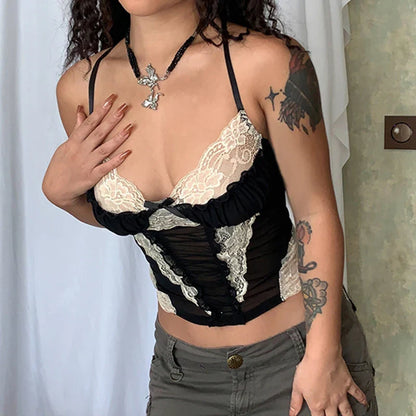 Voguable Coquette Lace Patchwork Corset Backless Criss-cross Bandage Halter Tops Y2K Aesthetic Camis Fairycore Tanks