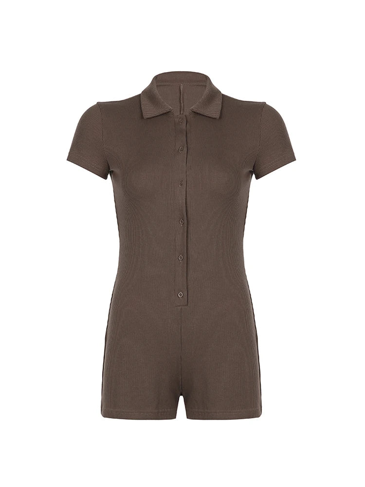 Solid Button Up Turn Down Collar Short Sleeve Slim Ribbed Rompers Womens Playsuit Basic Vintage Casual Summer Shirts