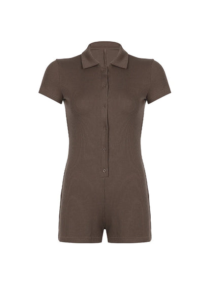 Solid Button Up Turn Down Collar Short Sleeve Slim Ribbed Rompers Womens Playsuit Basic Vintage Casual Summer Shirts