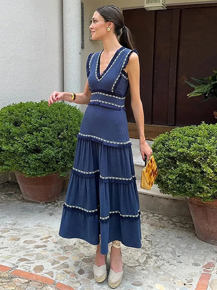 Chic Elegant Tassel Spliced Print Ruffles Long Dress Women Fashion V Neck Sleeveless A-line Robe  Chic Lady Holiday Robe