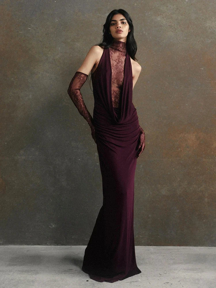 Turtleneck Pleated Gloves Backless Lace Dress