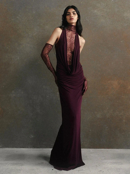 Turtleneck Pleated Gloves Backless Lace Dress