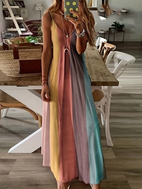 Color Gradient Print Spaghetti Strap Dresses Women Fashion Summer V-neck Beach Vacation Style Long Dress Female A-line Vestidos