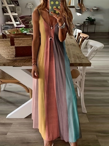 Color Gradient Print Spaghetti Strap Dresses Women Fashion Summer V-neck Beach Vacation Style Long Dress Female A-line Vestidos