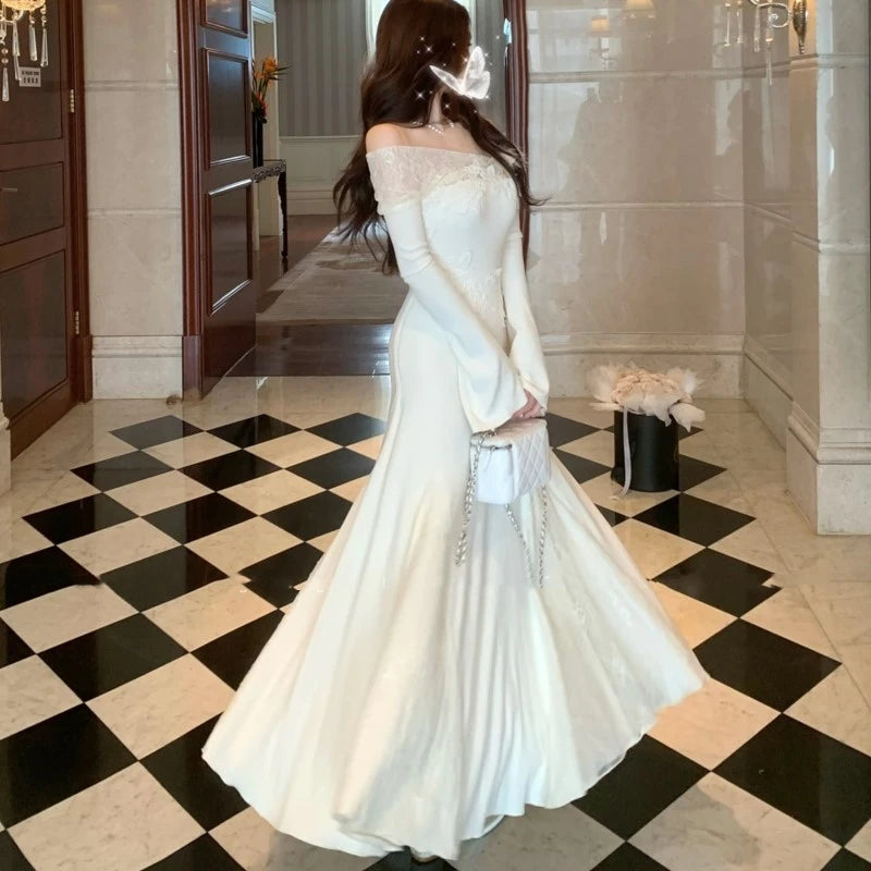 Autumn Winter New Knitted Dresses for Women Slash Neck Flare Sleeve Lace Patchwork Slim Mermaid Korean Fashion Vestidos Mujer