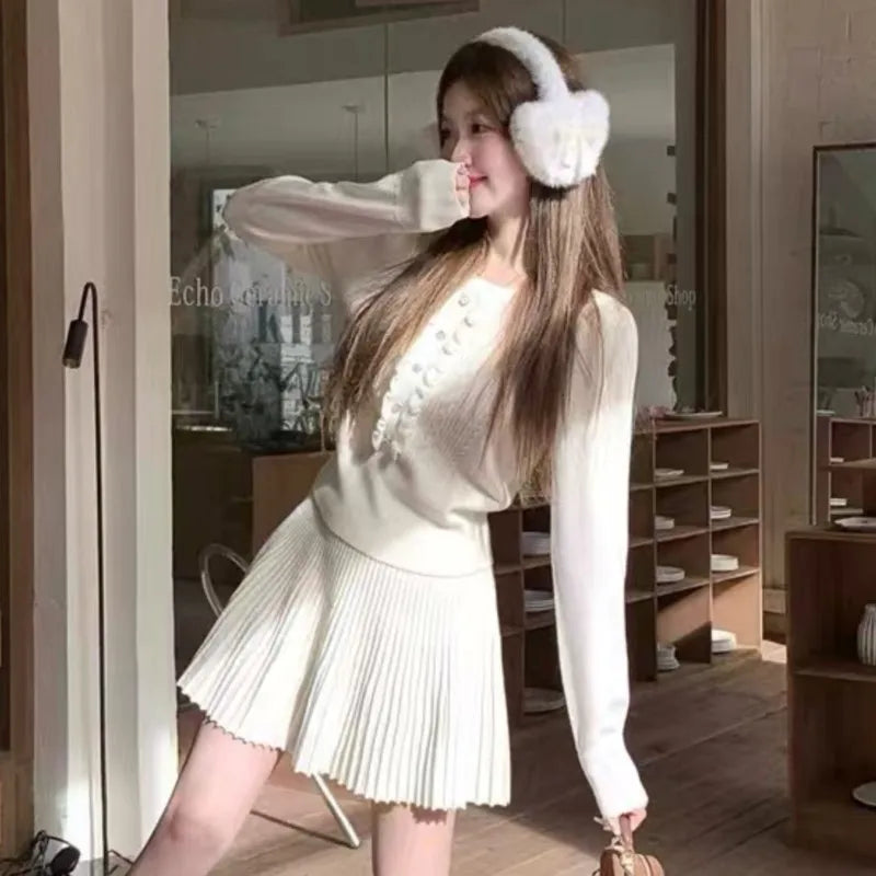Autumn Preppy Style Knitted 2-piece Sets Women O-neck Long Sleeve Top Pleated Mini Skirt Korean Fashion Casual Outfits New Suit