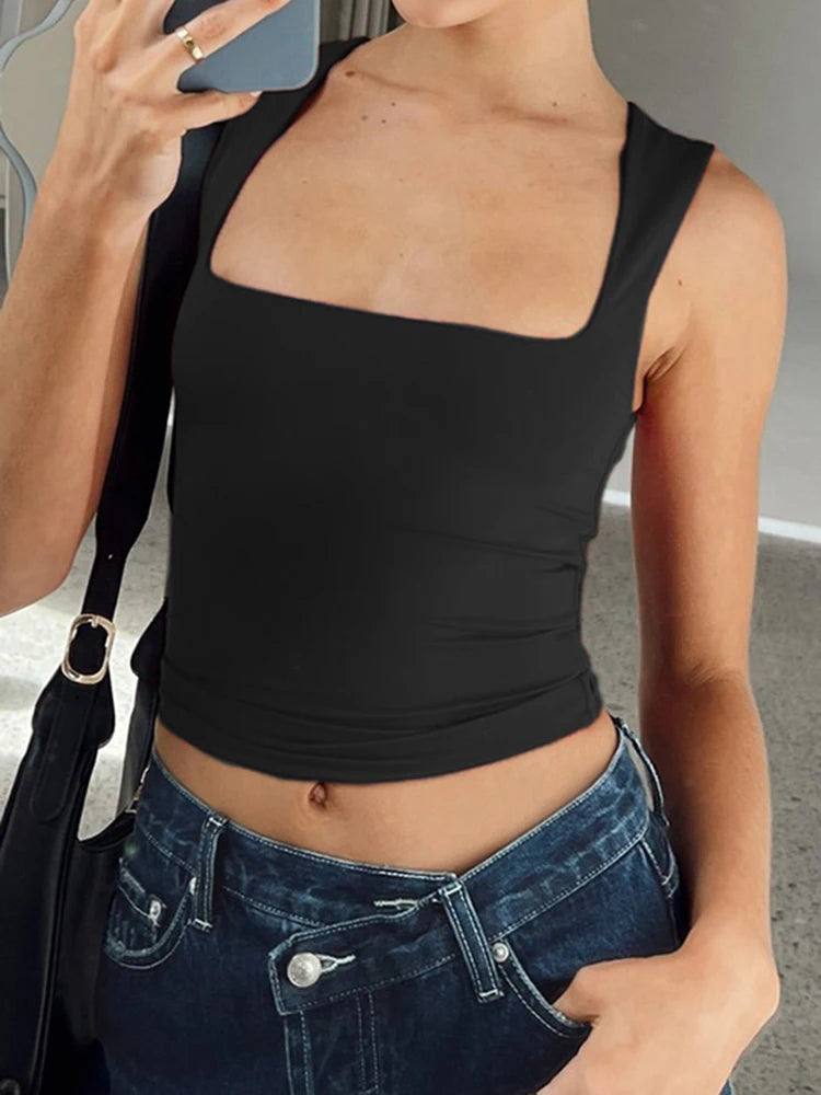Solid Square Collar Wide Straps Slim Cropped Vest Top