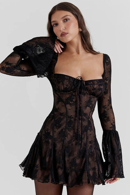 Lace-Up Square Neck Patchwork Long Sleeve Mini Dress