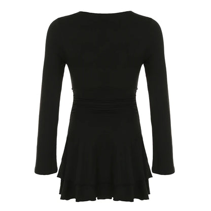 Black Slim V-Neck Low-Cut Long Sleeve Dresses Sexy Basic Women s New Clothes Tierred Ruched Short Vestido