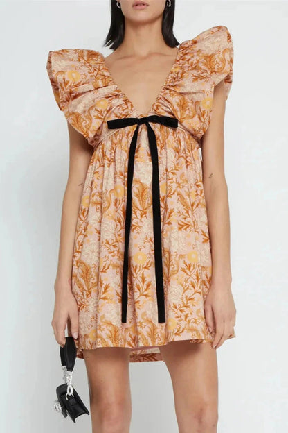 Floral V Neck Puff Sleeve Mini Dress
