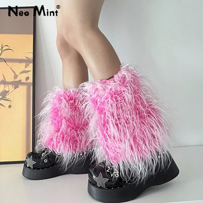 Ins 2000s Sweet Cute Pink Lolita Girls Gradient Faux Fur Leg Warmers Women Costume Leggings Hot Y2k Goth Punk Legcovers