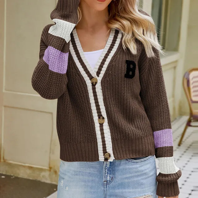 Cárdigan de punto a rayas con cuello en V para mujer | Ideal para otoño/invierno