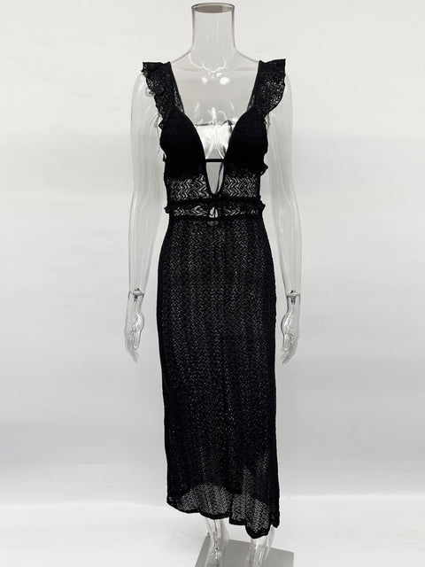 Knit V-Neck Fashion Maxi Dress Women&#8217;s Slim High Waist See-Through Patchwork Bandage Backless Dress Female Knitwear Dress