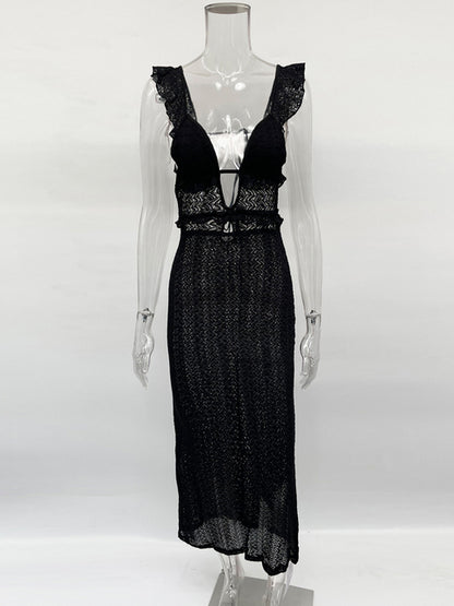 Knit V-Neck Fashion Maxi Dress Women&#8217;s Slim High Waist See-Through Patchwork Bandage Backless Dress Female Knitwear Dress