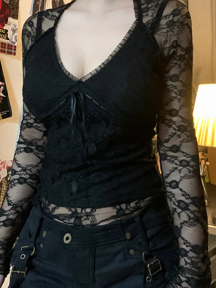 Lace Trim Long Sleeve Mesh Top