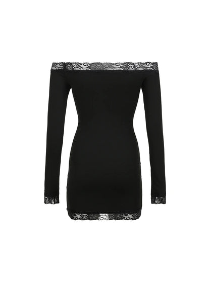 Solid Slim Lace Trim Off Shoulder Long Sleeve Black Short Dress Women Elegant Sexy Party Dresses